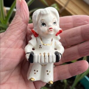 Vtg Little Girl W/Pigtails In Bib Overall Ceramic Figurine Playing Accordion